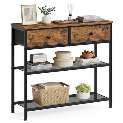 SONGMICS Console Table, Narrow Sofa Table with 2 Mesh Shelves | For Entryway, Living Room, 2 Fabric Drawers, Rustic Brown, BELLAH Collection ULGS075K101 - color: Rustic Brown, size: 11.8"D x 30.2"W x 31"H (2 Drawers)