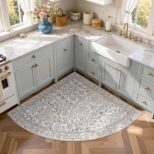 jinchan 4x4 Washable Corner Area Rug, Soft Floral Non-Slip, Blue/Cream | Low-Pile, Aesthetic Carpet for Entryway Bedroom Kids Room Kitchen College Dorm - color: Blue/Cream, size: 4' x 4' (Corner)