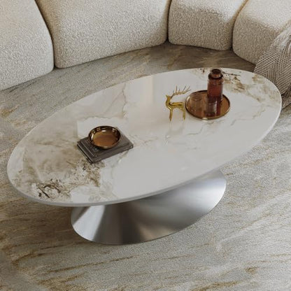 49.2" Oval Marble Coffee Table with Silver Stainless Steel Base, Luxury Sintered Stone Top Center Cocktail Tea Tables for Living Room,Easy Assembly - color: Style 4: Silver Base