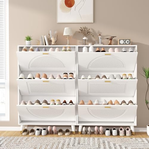 Shoe Cabinet Storage for Entryway: 32" White Slim Shoe Storage Cabinet with 3 Flip Drawers, Narrow Hidden Shoes Storage, Wood Shoes Organizer Cabinets for Hallway (1, 3-Drawers) - size: 3-Drawers