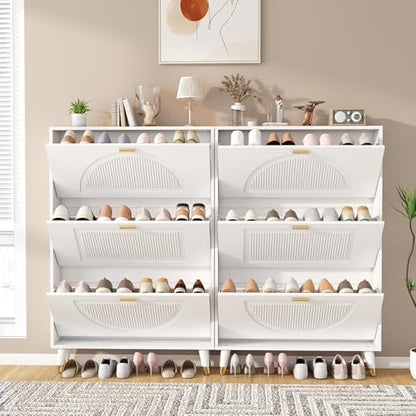 Shoe Cabinet Storage for Entryway: 32" White Slim Shoe Storage Cabinet with 3 Flip Drawers, Narrow Hidden Shoes Storage, Wood Shoes Organizer Cabinets for Hallway (1, 3-Drawers) - size: 3-Drawers