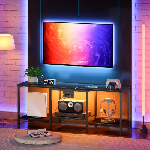 HOOBRO BB122UDDS01 충전 스테이션이 있는 TV 스탠드, LED 엔터테인먼트 센터, 거실, 침실용 오픈 보관 선반이 있는 미디어 TV 콘솔 테이블, 블랙 - color: 블랙.