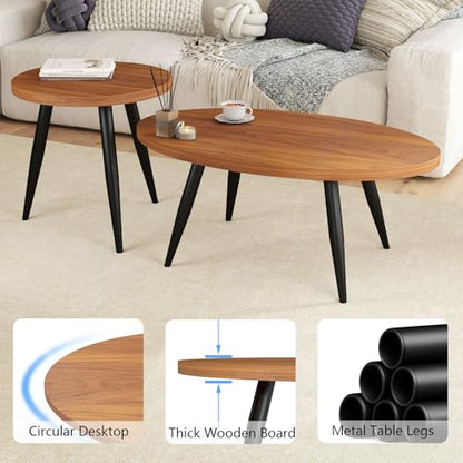 2-Piece Oval & Round Nesting Coffee Table Set | Separable to Serve as Individual Side Tables, Equipped with 7 Glossy Smooth Painted Metal Legs