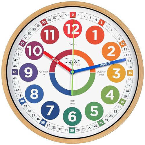 Oyster&Pop Large Kids Wall Clock - Silent 14" Analog Learning Clock | Fully labeled color-coded telling time teaching clock for classroom, bedroom, nursery and homeschool - toddlers to age 12 - color: Multicolor, size: 14 inch