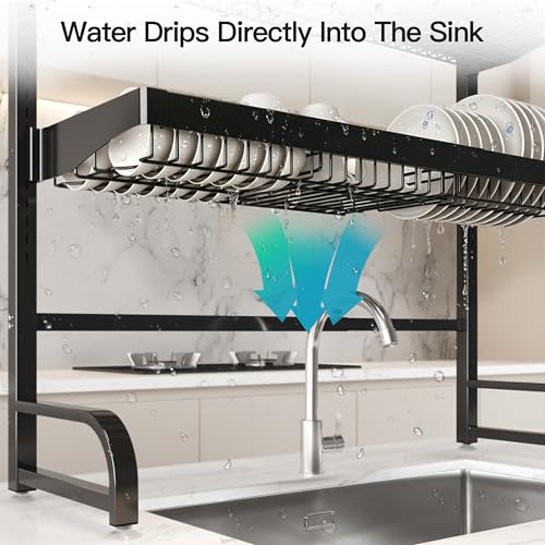 3 Tier Extra Large Stainless Steel Over The Sink Dish Drying Rack | Rust Proof Metal, Expandable Kitchen Sink Drainer, Counter Space Saving, Heavy Duty, Modern Black, Multifunctional Storage - color: Black, size: Over Sink 3 Tier
