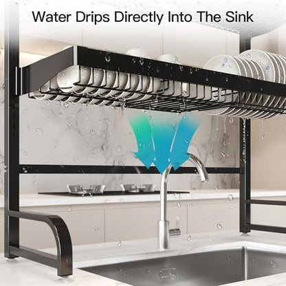 3 Tier Extra Large Stainless Steel Over The Sink Dish Drying Rack | Rust Proof Metal, Expandable Kitchen Sink Drainer, Counter Space Saving, Heavy Duty, Modern Black, Multifunctional Storage - color: Black, size: Over Sink 3 Tier
