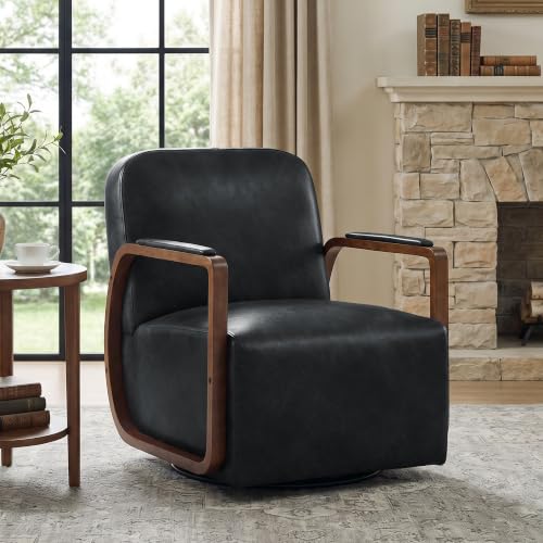 Faux Leather 360° Swivel Barrel Accent Chair, Upholstered Mid Century Modern Reading Lounge Chair with Wooden Armrests & Solid Rotating Metal Base for Living Room Bedroom, Black - color: Black, size: 1 Pack