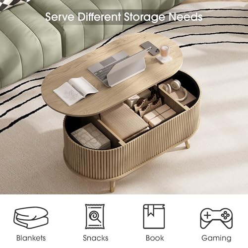 SULIVES Oval Coffee Table with Storage,Multifunctional Lift Top Drum Coffee Table, Small Fluted Center Table for Living Room, Oak - color: Oak_oval