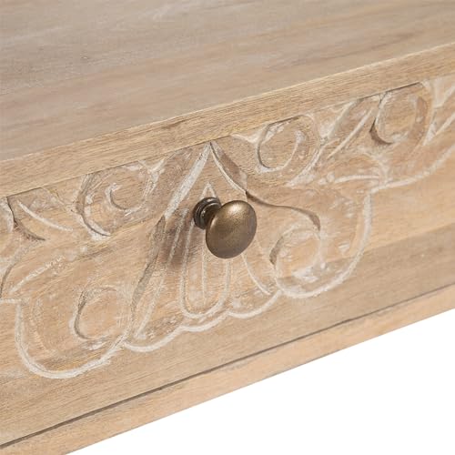 Kate and Laurel Mirza Transitional Carved Wood Floating Side Table, 18 x 12 x 6, Natural Wood, Mounted Solid Wood Wall Shelf with Drawer for Storage