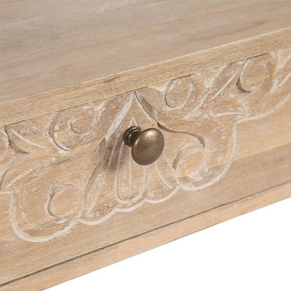 Kate and Laurel Mirza Transitional Carved Wood Floating Side Table, 18 x 12 x 6, Natural Wood, Mounted Solid Wood Wall Shelf with Drawer for Storage