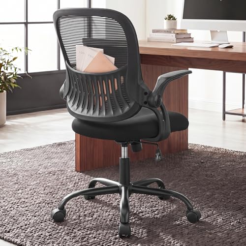 Home Office Desk Chair with Flip-up Armrest, Computer Chair | Lumbar Support, Height Adjustable, Mesh Mid-Back, Ergonomic Task Gaming Chair with 360° Swivel Wheels for Adults, Black - color: Black, size: 18.5D'' Flip-up Arm