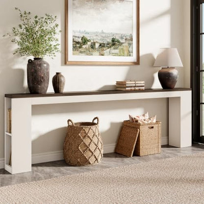 94.5" Behind Sofa Couch Table with Outlet & Side Shelves, White | Extra Long Console, 94.5"L, Narrow Console Table with USB Charging & Storage Shelf, Skinny for Entryway Hallway - color: White