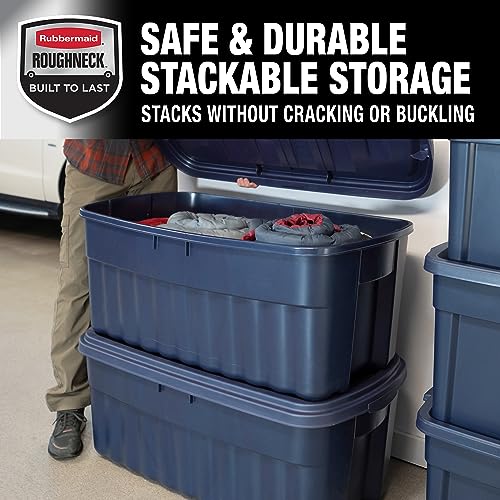 Rubbermaid Roughneck Tote 50 Gal, 2 Pack, Made in USA, Dark Indigo Metallic, Rugged Plastic Stackable Storage Bins with Lids and Handles - size: 50 Gal - 2 Pack