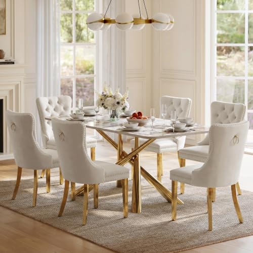 Velvet Upholstered Dining Chairs Set of 2, Modern Style Kitchen Side Chairs with Nailhead Trim and Gold Plated Leg, Metal Pulling Ring for Dining Room Living Room(Beige-Gold Plated Leg) - color: Beige-gold Plated Leg, size: Set of 2