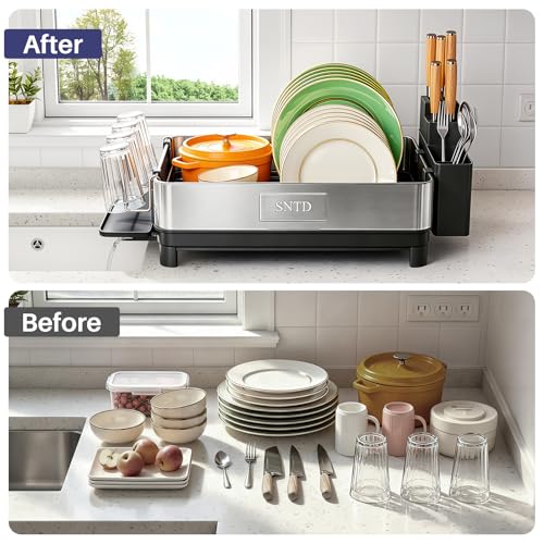 SNTD 304 Stainless Steel Dish Drying Rack for Small Kitchen Counter, Black | Rustproof, Large Capacity, Heavy-Duty Frame, Rotating Spout, Angled Drainboard, Removable Cup & Utensil Holder - color: Black