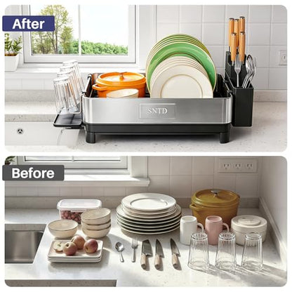 SNTD 304 Stainless Steel Dish Drying Rack for Small Kitchen Counter, Black | Rustproof, Large Capacity, Heavy-Duty Frame, Rotating Spout, Angled Drainboard, Removable Cup & Utensil Holder - color: Black