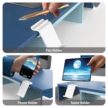 Simple Houseware Desk Dual Monitor Stand Riser with Drawer, Blue | Customizable Organizer Tray, Built-In Phone & Tablet Slot and Side Storage - color: Blue