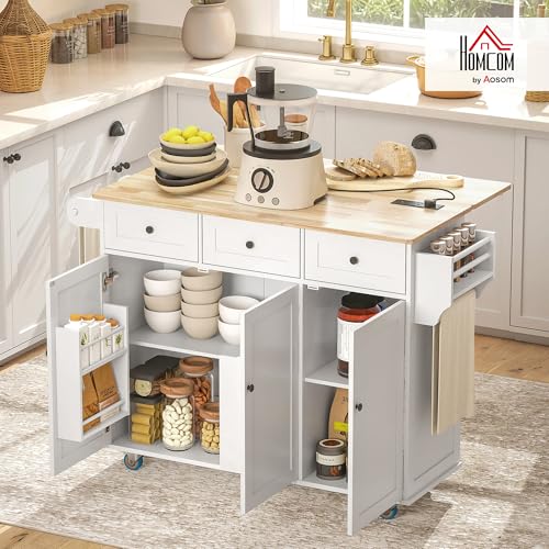 HOMCOM Rolling Kitchen Island Power Outlet Drop Leaf 53" Wood Top White | Island Table, 3 Drawers, Adjustable Shelf, Spice & Towel Rack, Kitchen Cart on Wheels