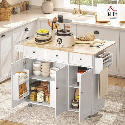HOMCOM Rolling Kitchen Island Power Outlet Drop Leaf 53" Wood Top White | Island Table, 3 Drawers, Adjustable Shelf, Spice & Towel Rack, Kitchen Cart on Wheels