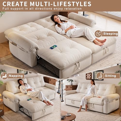 77" Sleeper Sofa Bed, Convertible Pull Out Couch with Velvet Fabric, 3-in-1 Loveseat L Shaped Couch Bed with Adjustable Backrest, Side Pocket & USB Ports for Living Room Apartment, White - color: Beige, style: Sofa Bed w/USB