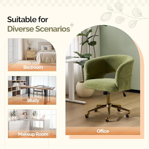 VINGLI Modern Curved Office & Vanity Desk Chair, Cute Upholstered Nail Chair with Wheels & 360° Swivel & Club & Tilting & Gold Base, for Bedroom, Living Room, Makeup, Velvet Chenille, Green - color: Green