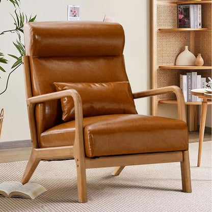 Mid Century Modern Accent Chair with High Back, PU Leather Reading Armchair with Waist Cushion, Upholstered Wood Frame Living Room Chairs for Bedroom Sunroom, Camel - color: Camel