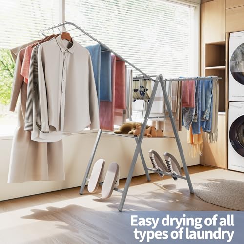 6 Height Adjustable Clothes Drying Rack with Shoe Slots, Grey | Pre-Assembled, Stable Load Structure, 22 Drying Rails, Foldable Space-Saving For Efficient Indoor & Outdoor Airflow Drying - color: Gray