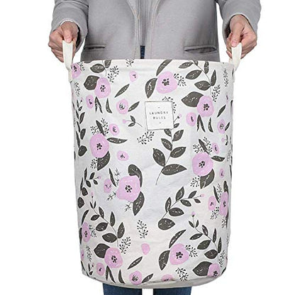 UUJOLY Collapsible Laundry Basket, Laundry Hamper with Handles Waterproof Round Cotton Linen Laundry Hamper Printing Household Organizer Basket, 19.7x15.7 inches, Purple