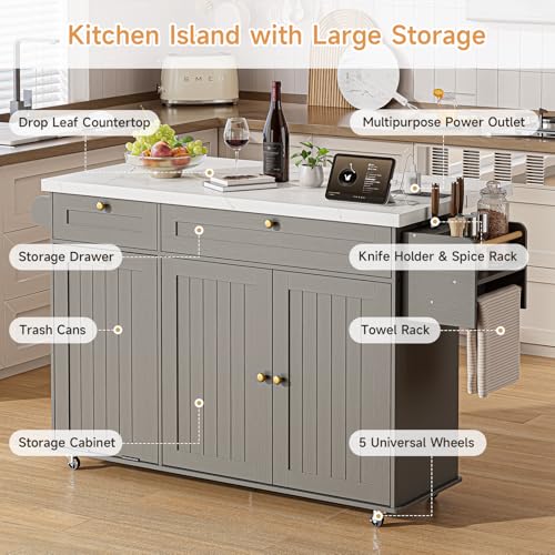 60" Kitchen Island with Power Outlet & Drop Leaf, Rolling Island with Spice Rack & Towel Rack, Kitchen Island Cart with Trash Storage Cabinet, Island Table for Kitchen, Grey+Imitation Marble - color: Grey+imitation Marble
