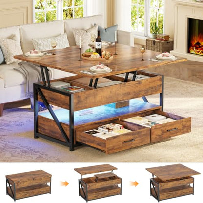Itaar 40" Lift Top Coffee Table with 2 Drawers Storage for Living Room | Rustic Brown 4 in 1 Expandable Coffee Table with 2 Drawers & LED Light & Hidden Compartmen for Dining Living Room Table - color: Rustic Brown 2