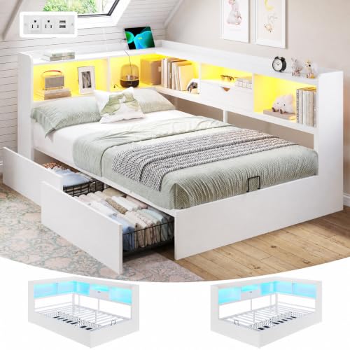 DICTAC Corner Twin Bed Frame with Storage Bookcase and LED Lights, Wood Corner Platform Bed Frames with Charging Station and 2 Storage Drawers,Twin Size Daybed for Kids Teen with Metal Slats,White - color: White, size: Twin