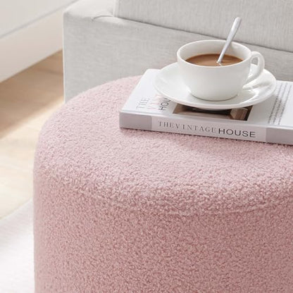 Modway Tilden 16 Inch Round Soft Sherpa Fabric Upholstered Ottoman in Blossom Natural - Small Ottoman Foot Rest with Rubberwood Plinth Base - Living Room Ottoman Side Table - Sherpa Ottoman Footstool - color: Blossom Natural