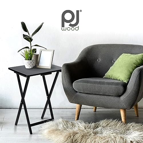 PJ Wood - Folding Wood TV Tray Table - Black 6-Piece Set | Solid Hardwood Construction, 19.09 x 14.57 x 26 in, 31.5 in Collapsed Length, No Assembly Required, Indoor Use