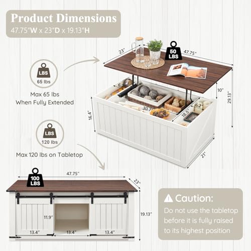 IFGET 48" Lift Top Coffee Table, Farmhouse Cocktai with Sliding Groove Barn Door, Rustic Wood Center Table w/Double Storage Spaces for Living Room, White - color: White