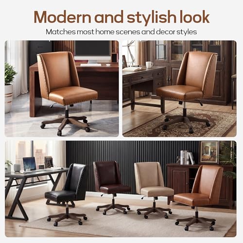Upholstered Armless Office Chair Faux Leather Swivel Home Desk Office Chair | Modern Comfy Boho Office Chair with Wheels Adjustable Desk Chair no Arms for Sewing Women Farmhouse Study Studio PU Brown - color: Pu Brown