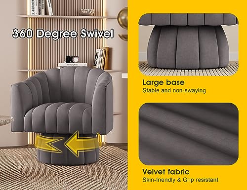 Dewhut Swivel Barrel Accent Chair, Velvet Reading Armchair, Gray, Set 1 | Mid Century Style, Modern Round ArmChair With 360° Swivel Base, For Living Room / Bedroom / Office - color: Grey