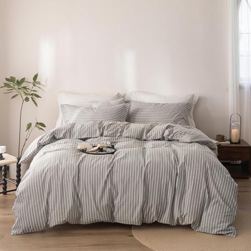 3Pcs Grey White Striped Super King Plus Duvet Cover Set | Linen Feel Striped,Washed Cotton,1 Duvet Cover & 2 Pillow Shams,Hidden Zipper,Soft Breathable,Lightweight,8 Corner Ties - color: Grey White Stripe-no Comforter, size: Super King Plus(120" x 120")