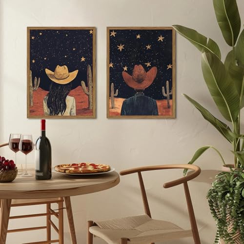Framed Boho Western Cowboy and Cowgirl Wall Art Set of 2, Vintage Southwestern Desert Starry Sky Cactus Pictures Wall Decor, Rustic Farmhouse Paintings Canvas Prints for Living Room Bedroom 16x24 inch - color: Cowboy, size: 24L" x 16W"
