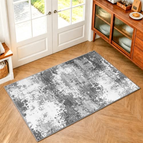 3x4 Washable Porch Rug Grey Front Door Welcome Mat 36x48, Indoor Outdoor Entryway Rugs for Kitchen Floor, Bath, Bedroom Bedside, Non-Slip Low Pile Stain & Fade Resistant, Abstract Gray - color: Grey, size: 3' X 4' (Rectangular)