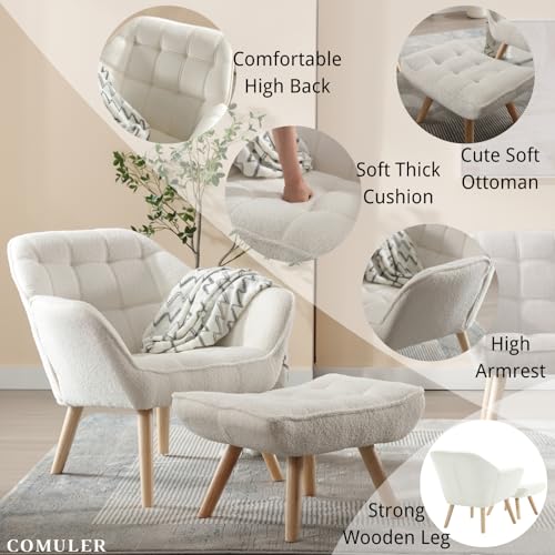 White Sherpa Accent Chair with Ottoman ，Modern Reading Chairs with Ottoman Set, Comfy Fuzzy Armchair Living Room Chair Lounge Chair with Wood Legs for Small Spaces Bedroom Apartment - color: White, size: Chair with Ottoman