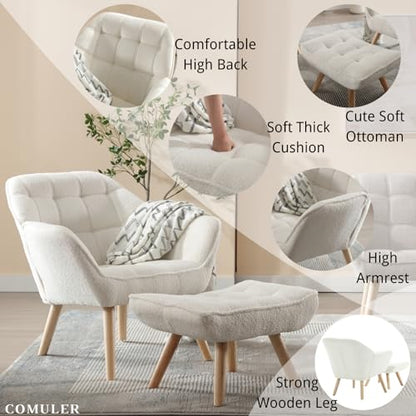 White Sherpa Accent Chair with Ottoman ，Modern Reading Chairs with Ottoman Set, Comfy Fuzzy Armchair Living Room Chair Lounge Chair with Wood Legs for Small Spaces Bedroom Apartment - color: White, size: Chair with Ottoman