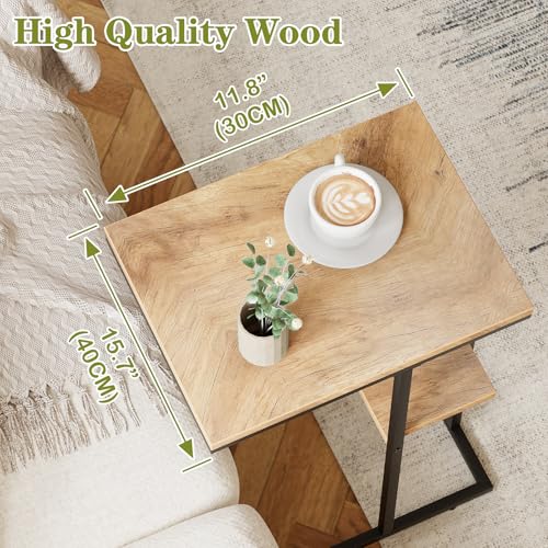 C Shaped End Table, Small Side Table for Couch and Bed, Wood Snack Table with Metal Frame for TV Tray, Sofa, Living Room, Bedroom, Bedside (Oak) - color: Oak Brown+black