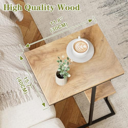 C Shaped End Table, Small Side Table for Couch and Bed, Wood Snack Table with Metal Frame for TV Tray, Sofa, Living Room, Bedroom, Bedside (Oak) - color: Oak Brown+black