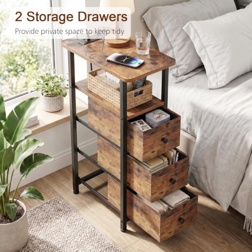 Narrow End Table with Charging Station, Small Nightstand | Skinny Side Tables Living Room with 3 Fabric Drawers, Slim Bedside Table for Bedroom, Small Spaces, Couch, Brown - color: Rustic Brown, size: 27.55''H (3 Drawers), style: Power
