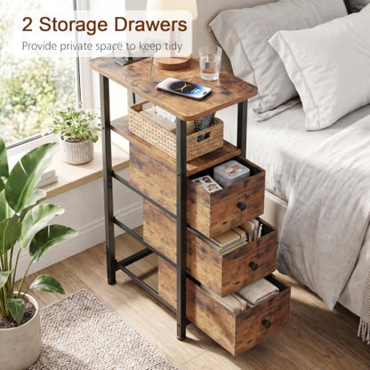 Narrow End Table with Charging Station, Small Nightstand | Skinny Side Tables Living Room with 3 Fabric Drawers, Slim Bedside Table for Bedroom, Small Spaces, Couch, Brown - color: Rustic Brown, size: 27.55''H (3 Drawers), style: Power