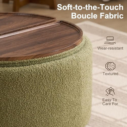 29.5" Round Storage Ottoman Coffee Table, Dual Reversible Lids, Green | Round Ottoman Coffee Table, Swivel Casters, Hidden Storage, Dual Lift-Off Lids, Teddy Fabric, Living Room, Bedroom - color: Green