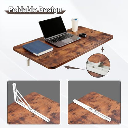 Neoaider Wall Mounted Folding Table 39.4”L x 19.7”W, Brown | Laundry Folding Table with Heavy Duty Metal Collapsible Shelf Brackets, Wall Mounted Desk Fold Down for Small Spaces - color: Brown, size: 39.4" x 19.7"