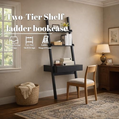 Home Office Desk with Ladder Shelf & Drawer, Computer Writing Desk with Storage Shelves, Modern Small Desk for Bedroom Study