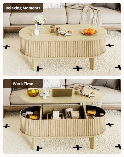 Oval Coffee Table with Lifting Top, 41" Fluted Coffee Table with Storage for Living Room or Home Office, Oak - color: Oak
