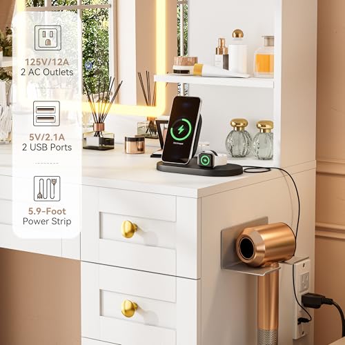Vanity Desk with Mirror and LED Lights & Power Outlet | Large Makeup Vanity Table with 5 Drawers and 4 Storage Cabinets, White Dressing Table for Bedroom - size: 049 White